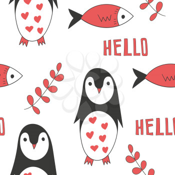 Vector Seamless Pattern with Cartoon Penguins, Fish, and Hello. Scandinavian style. 
