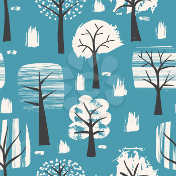 Vector Seamless Winter Pattern with Trees Covered with Snow. Scandinavian Naive Style.