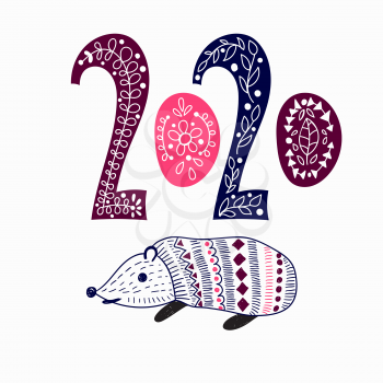 Vector 2020 New Year Greeting Card. Funny hedgehog and 2020 hand lettering.  