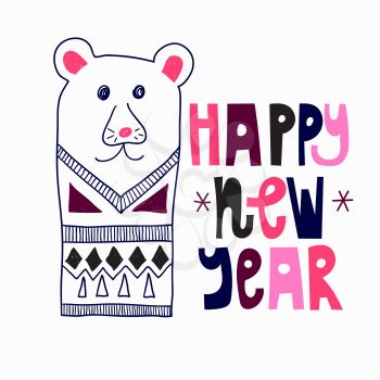 Vector New Year Greeting Card with funny polar bear and doodle hand lettering greetings. Happy new year. 