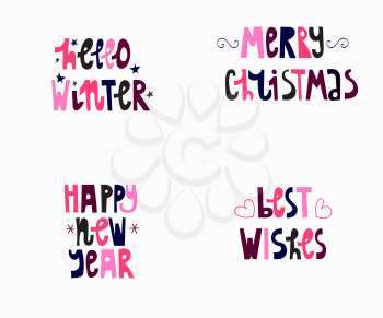 4 Vector 2020 New Year Greeting Cards. Bright Hand Lettering. Hello winter. Merry Christmas. Best wishes. Happy New Year
