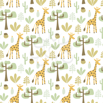 Vector Seamless Safari Pattern with Giraffes and savannah landscape