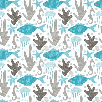 Vector Seamless Tough Underwater  Pattern with creatures and plants