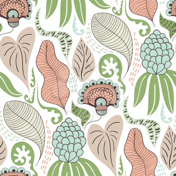 Vector Seamless Tough  Pattern with Flowers and Leaves. 