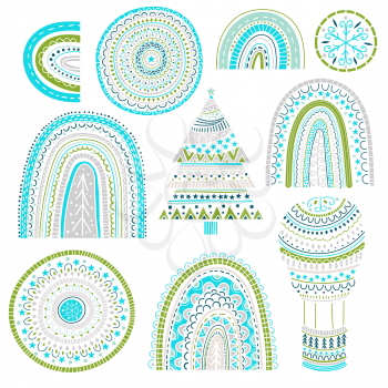 Vector Christmas Pattern with  rainbow, fir tree, snowflakes and balloon etc. Childish naive scandinavian style. Design Elements set