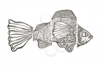 Vector funky cut fish  conceptual illustration, engraving style 