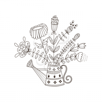 Vector spring composition with flowers in watering can. Spring or summer greeting card. Coloring Page