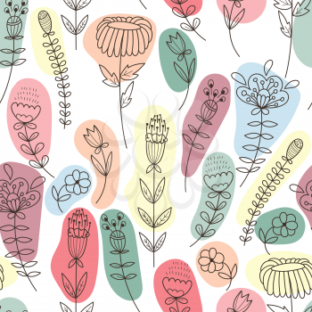 Vector Seamless Floral Pattern. Hand Drawn Flowers on Bright Abstract Spots