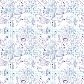 Vector Seamless Pattern Drawn in the Notebok. Summer Background with Flowers and Insects