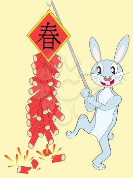 Royalty Free Clipart Image of a Rabbit Playing With Fire Crackers