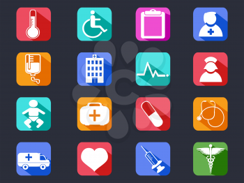 isolated flat medical long shadow icons from black background 	