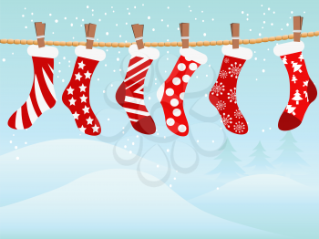 the holiday background of Christmas retro stockings in snowing	