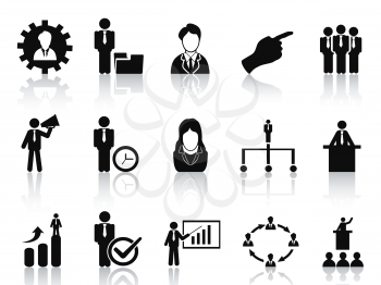 isolated black business and management icons set from white background