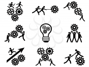 isolated men teamwork gears pictogram icons set from white background