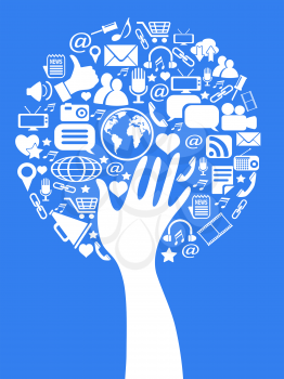 isolated hand tree with social media icons on blue background