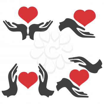 isolated hands hold red heart icons from white background
