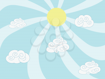 the cartoon style of clouds and sun on blue background