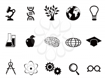 isolated black science research and study icons set from white background