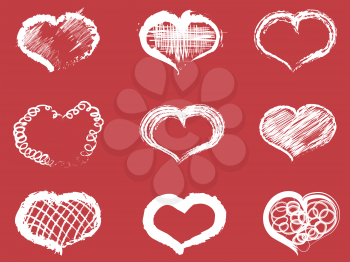 isolated white doodle heart icons on red background