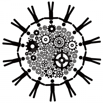 isolated black people around gears from white background