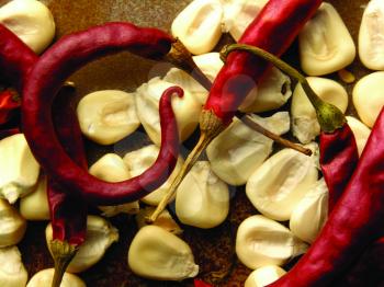 Royalty Free Photo of Hot Peppers and Corn Kernels