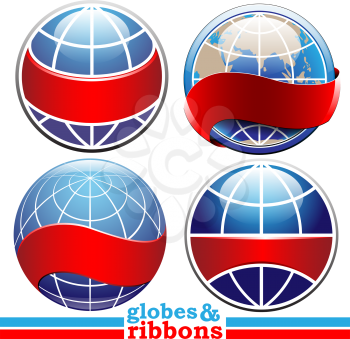 Royalty Free Clipart Image of a Set of Earth Globes With a Ribbon Banner