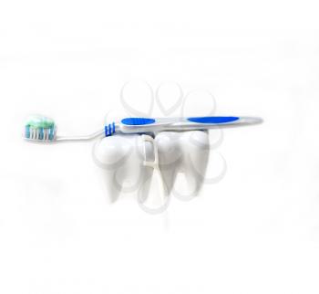 two fake teeth with brush and floss closeup isolated on white 
