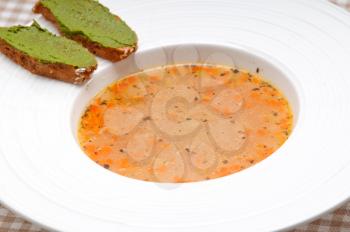 classic Italian minestrone  passatosoup with pesto crostini on side