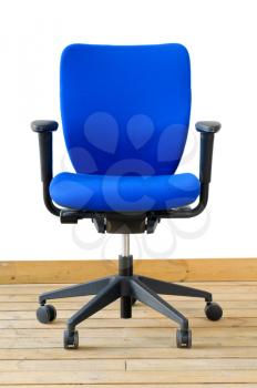 modern blue office chair on wood floor over white background