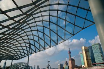 shanghai pudong view from puxi new bund on a sunny day with white clouds and blue sky