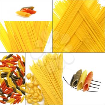 various type of Italian pasta collage on a square frame