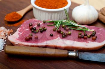 raw uncooked  ribeye beef steak butcher selection