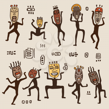 Dancing figures wearing African masks.  Primitive art. Vector illustration.
