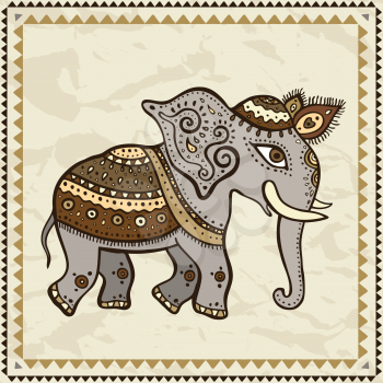 Ethnic elephant. Hand drawn vector  illustration. Crumpled paper background. Indian style.