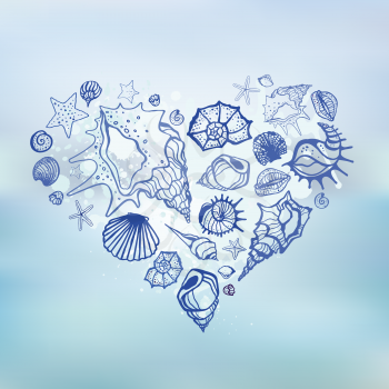 Heart of Sea shells.  Summer holidays. Hand drawn vector illustration. Sea background.