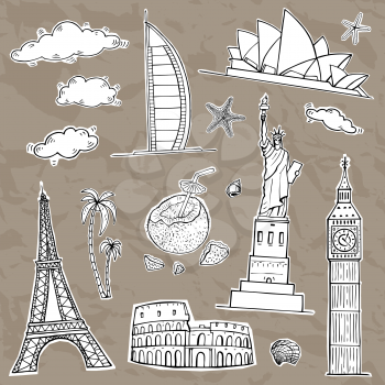 Travel and tourism labels collection. Vector hand drawn illustration.