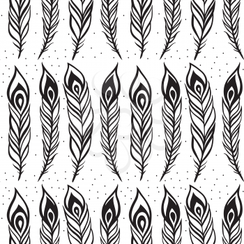 Vintage Feathers seamless background. Hand drawn illustration.