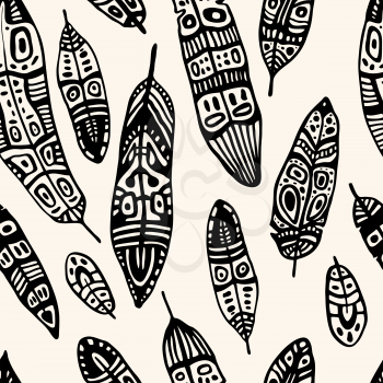 Ethnic Feather seamless background.  Hand drawn illustration.