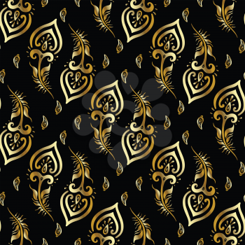Beautiful peacock feathers. Gold seamless background. Hand drawn pattern.