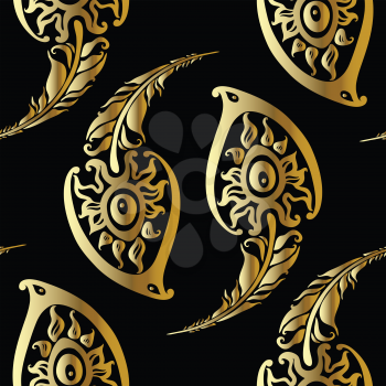Beautiful peacock feathers. Gold seamless background. Hand drawn pattern.