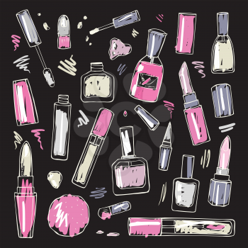 Makeup products set. Cosmetics. Hand drawn Vector Illustration.