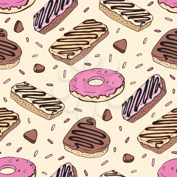Doughnut. Yummy colorful cute background. Hand drawn pattern. Seamless vector illustration.