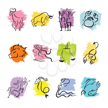 Horoscope Zodiac Star signs. Illustrations of twelve.