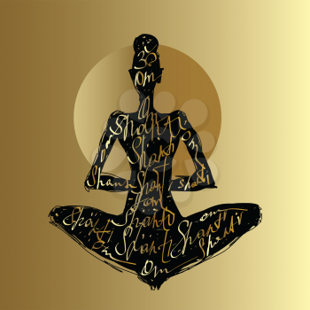 Yoga, Hand drawn Typography poster. Meditation in lotus pose. Padmasana silhouette of woman.