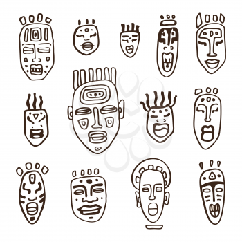 Set of African masks. Tribal masks on white background. Vector illustration isolated on white background.