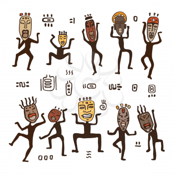 Dancing figures in African masks. Primitive art. Vector illustration.