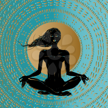 Silhouette young woman. Hand drawn poster. Meditation in lotus pose. Padmasana silhouette of girl.
