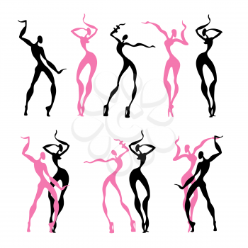 Dancing silhouettes. Dancer Beautiful women. Vector Illustration