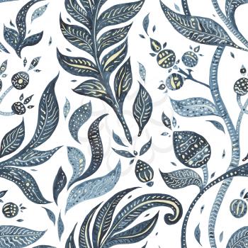 Seamless floral pattern with Abstract Exotic leaves and flowers. Watercolor background. Hand painted Vintage illustration