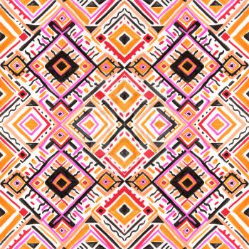 Ikat ornament. Tribal design with chevron ornaments. Seamless pattern in Aztec style. Hand Drawn folklore pattern